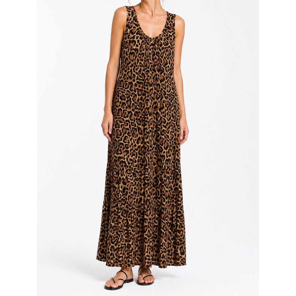 Susan Graver Leopard Maxi Dress XXS Sleeveless Tiered Stretch